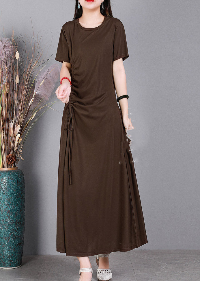 Chocolate O-neck Cinched Cotton Long Dress Short Sleeve