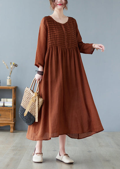 Coffee O-neck Patchwork Button Long Dress Summer