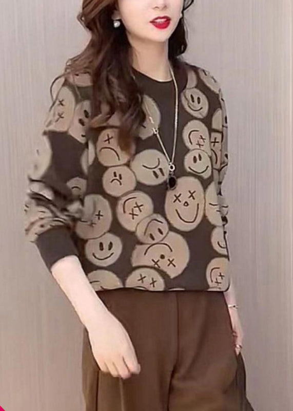 Chocolate O-neck Print Knit Sweaters Fall