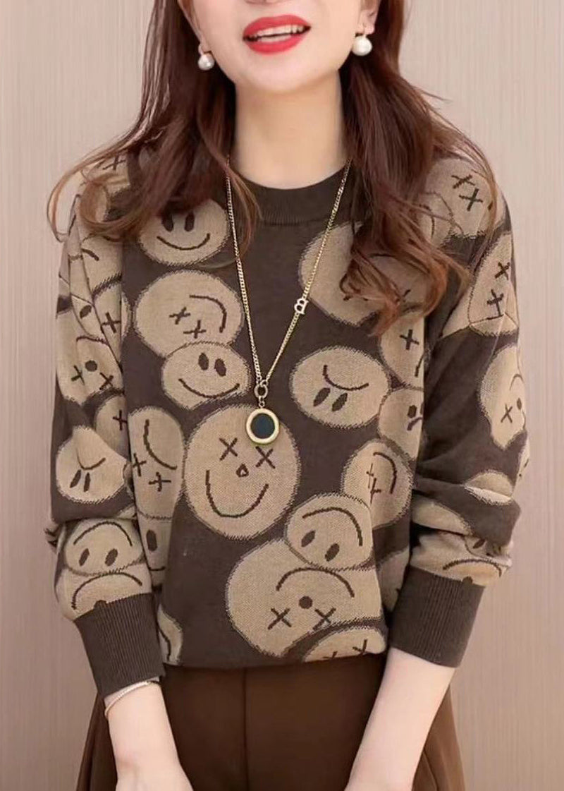 Chocolate O-neck Print Knit Sweaters Fall