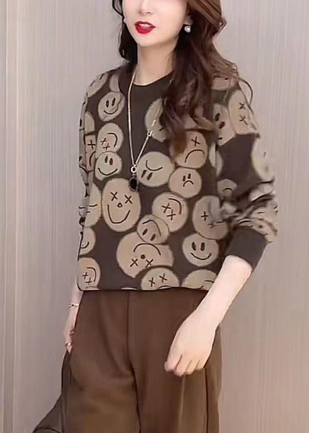 Chocolate O-neck Print Knit Sweaters Fall