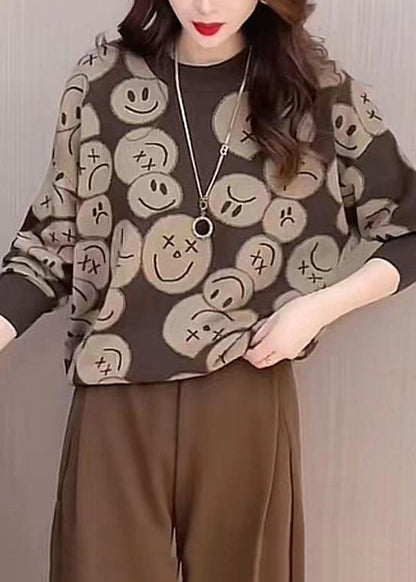 Chocolate O-neck Print Knit Sweaters Fall