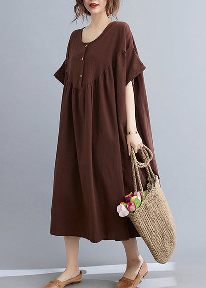 Coffee O-neck Wrinkled Maxi Dresses Summer