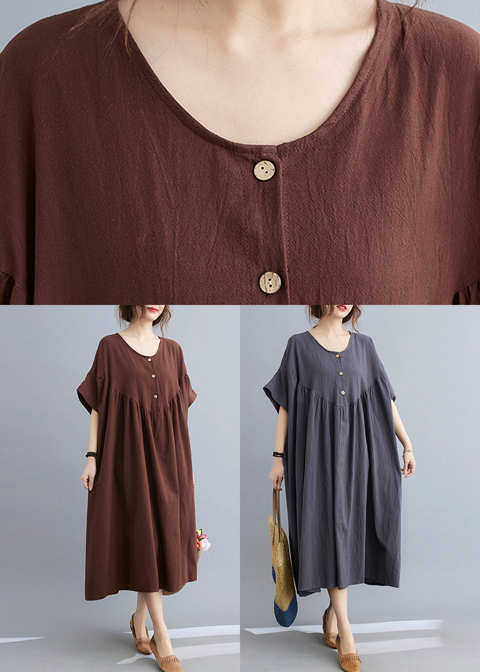 Coffee O-neck Wrinkled Maxi Dresses Summer