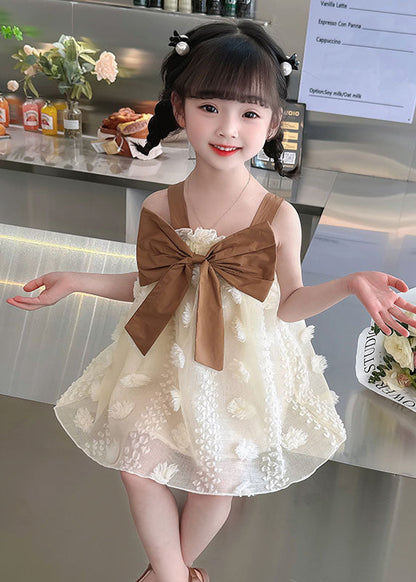 Coffee Patchwork Tulle Kids Dress Ruffled Bow Sleeveless