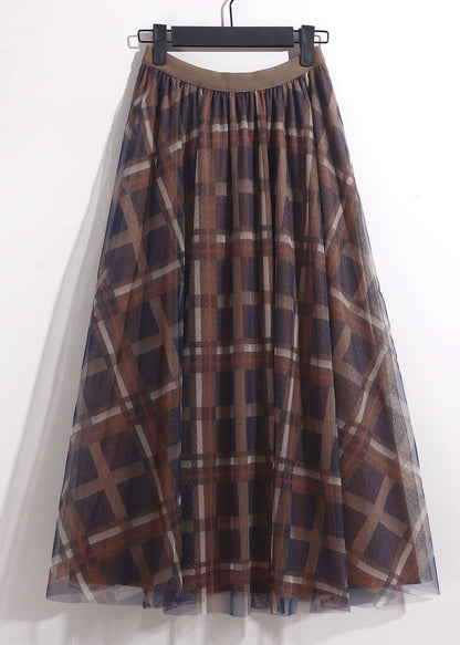 Chocolate Plaid Tulle a Line Skirt High Waist Spring