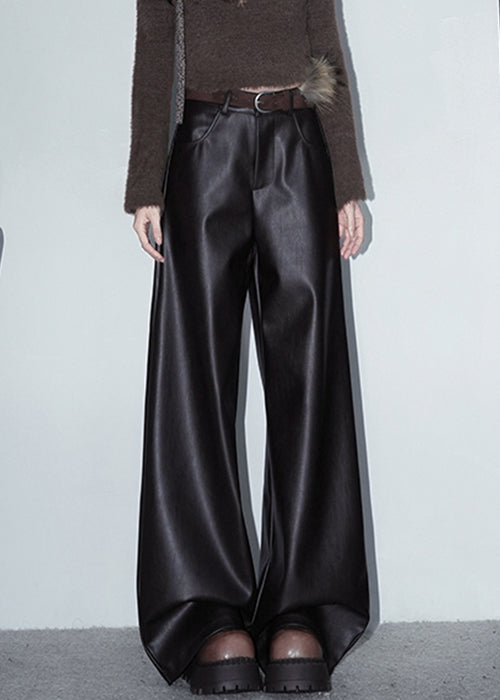 Coffee Pockets Faux Leather Pants High Waist