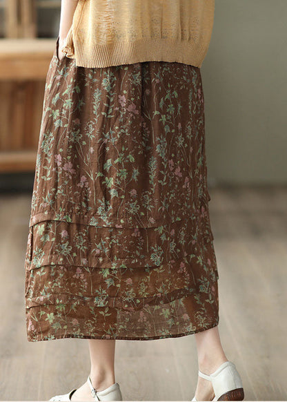 Chocolate Print Linen Skirt Wrinkled Pockets Tie Waist Summer