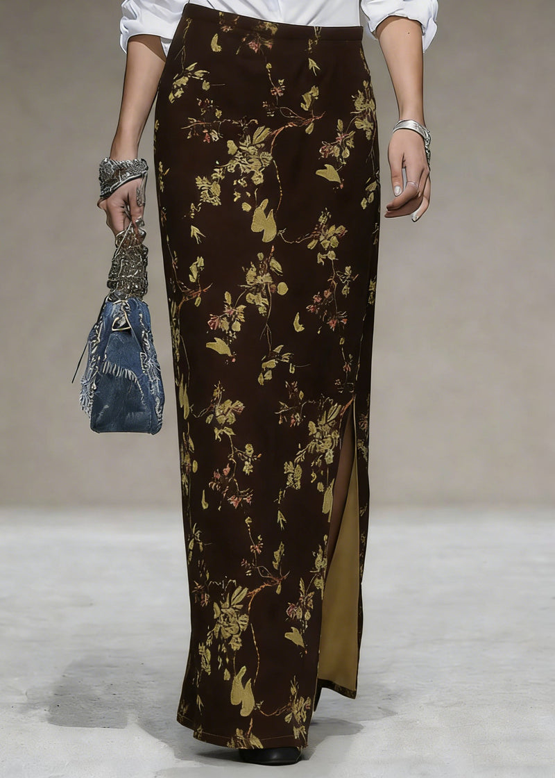 Coffee Print Side Open Silk Velvet Skirts High Waist