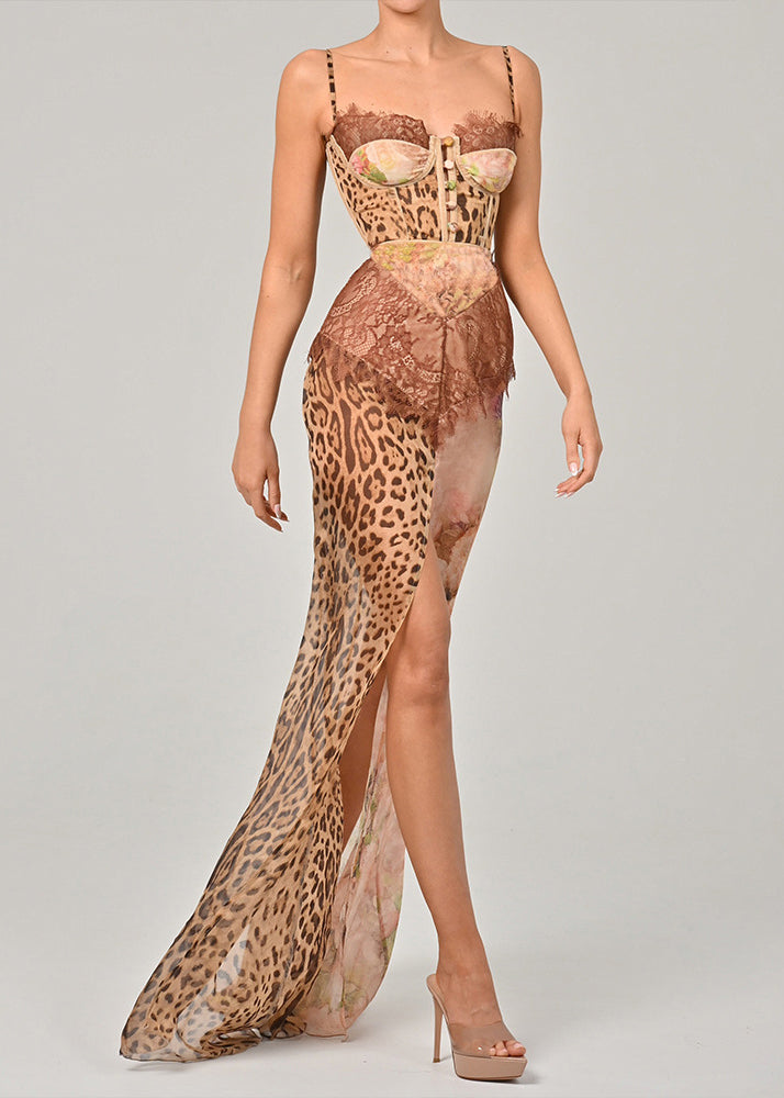 Coffee Side Open Lace Patchwork Chiffon Sleeveless Spaghetti Strap Dress
