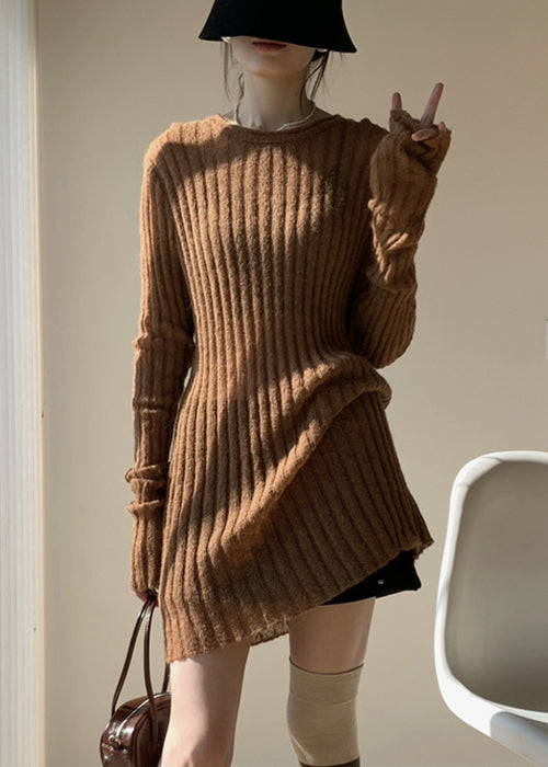 Coffee Loose Knit Sweater Mid Dress O-neck Spring