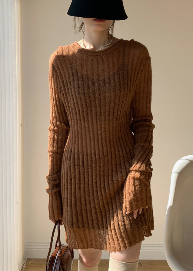 Coffee Loose Knit Sweater Mid Dress O-neck Spring