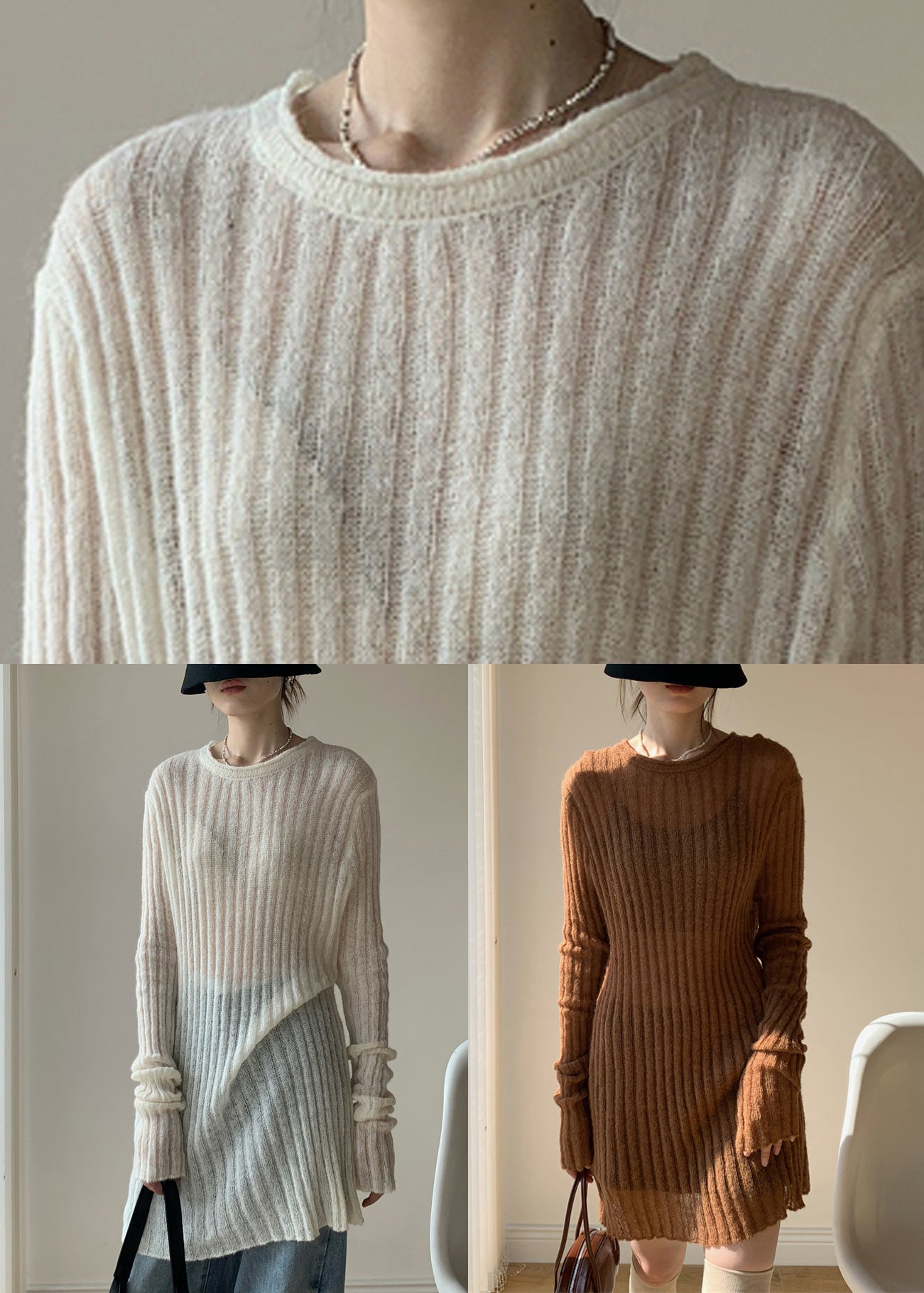 Coffee Loose Knit Sweater Mid Dress O-neck Spring
