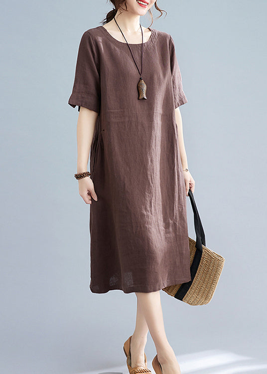 Chocolate Original Design Pocket Linen Holiday Dress Short Sleeve