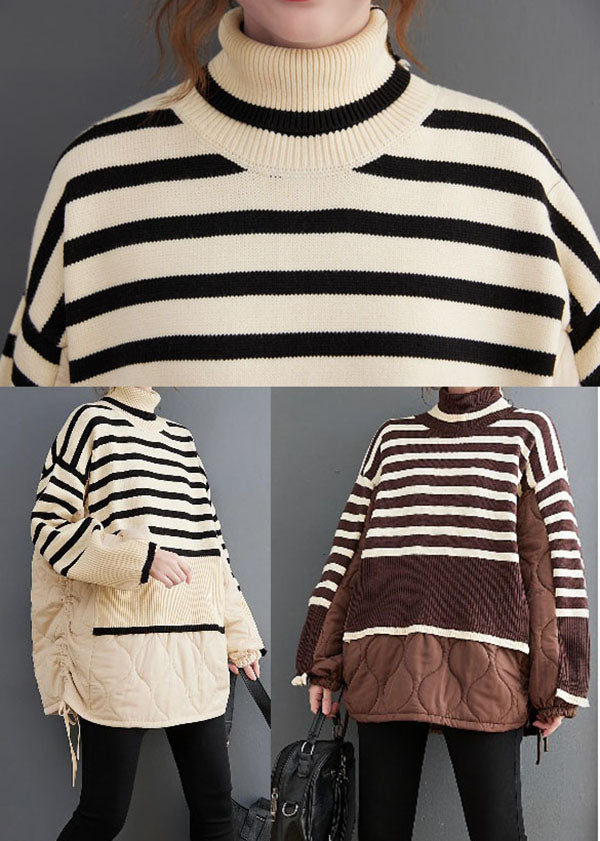 Chocolate Striped Knit Patchwork Fine Cotton Filled Drawstring Winter Sweaters Coat