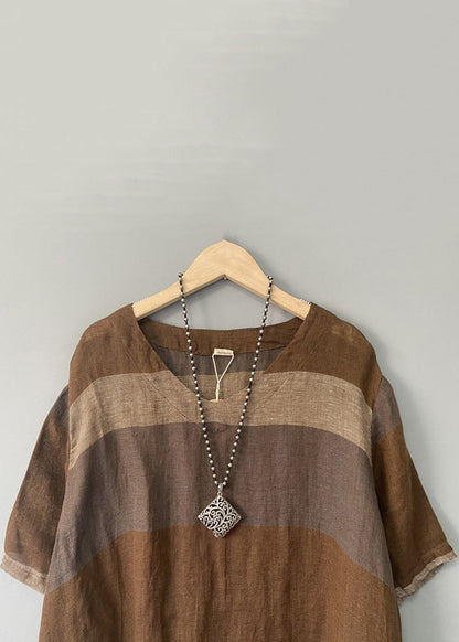 Coffee Striped Linen Mid Dress V Neck Short Sleeve