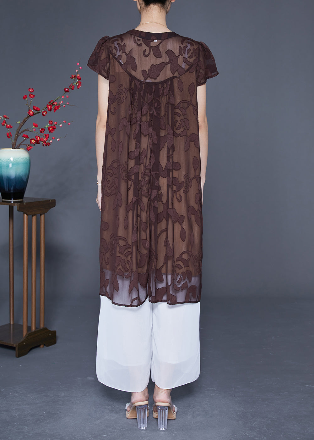 Coffee Tulle Holiday Dress V Neck Embroideried Summer
