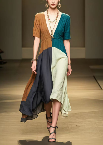 Colorblock Patchwork Cotton Long Dress Deep-v Neck Summer