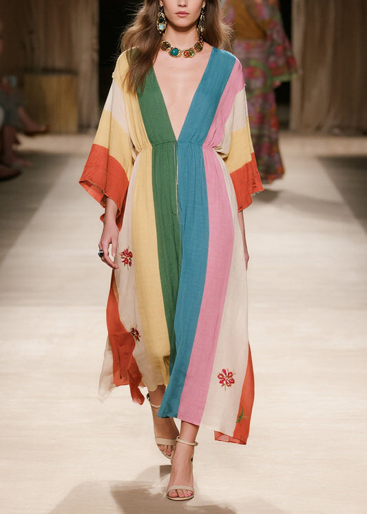 Colorblock Print Cotton Holiday Dress Deep-v Neck Summer