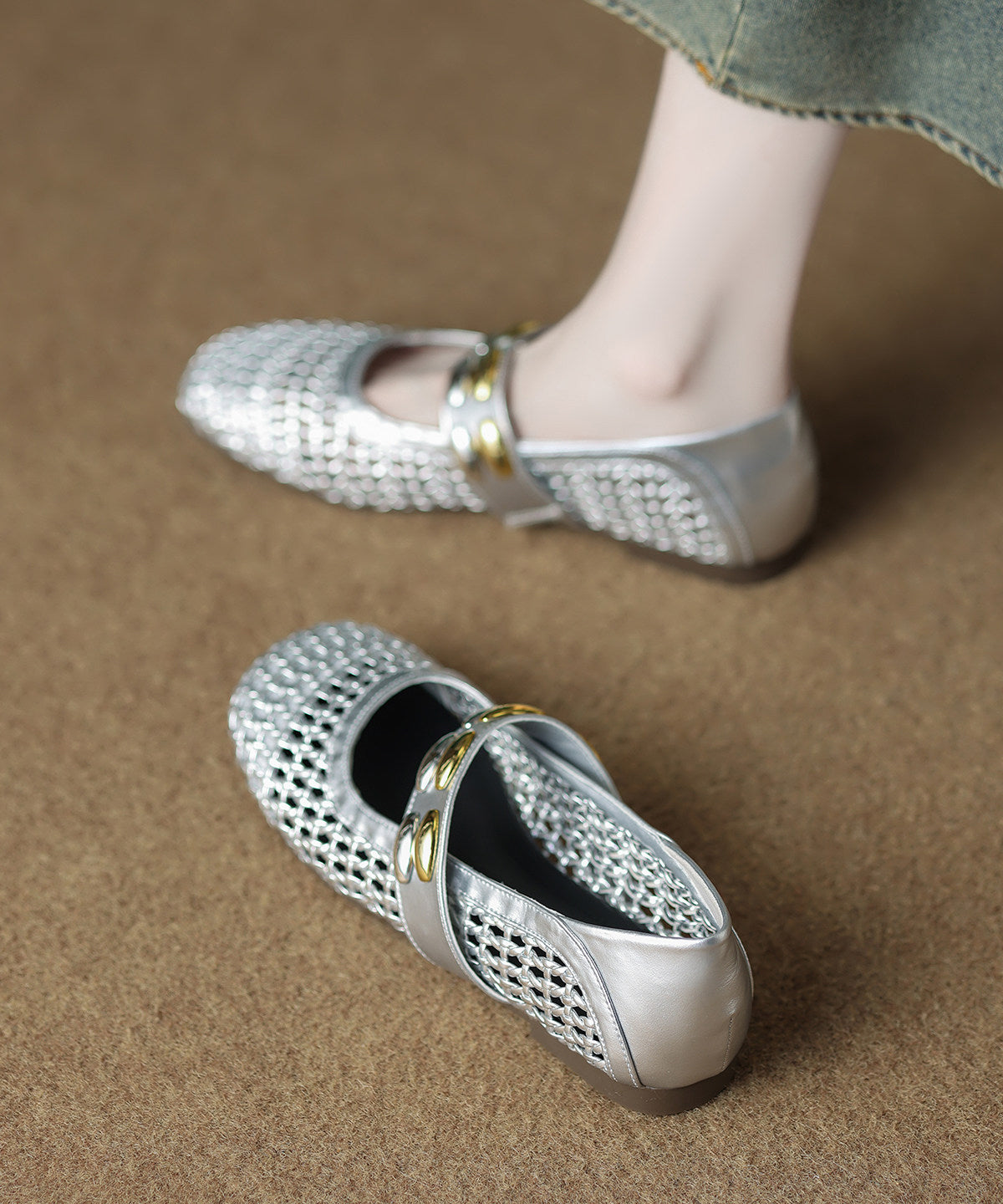 Comfortable Lace Up Flat Shoes Orange Hollow Out Knit Fabric