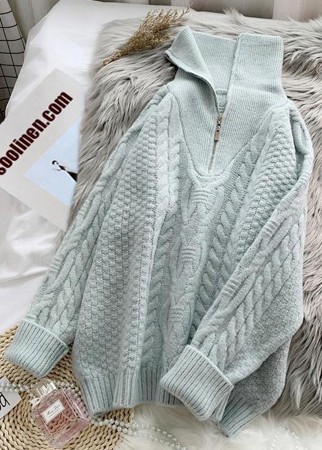 Comfy Light Green Knitted Blouse High Neck Zippered Knit Tops
