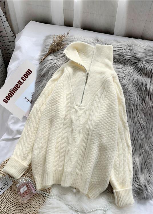 Comfy Light Green Knitted Blouse High Neck Zippered Knit Tops