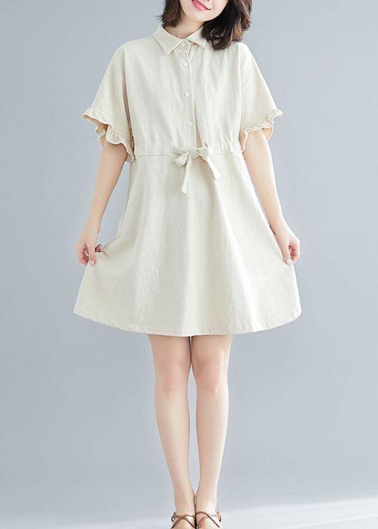 Comfy Beige Tie Waist Cotton Button Summer Day Dress