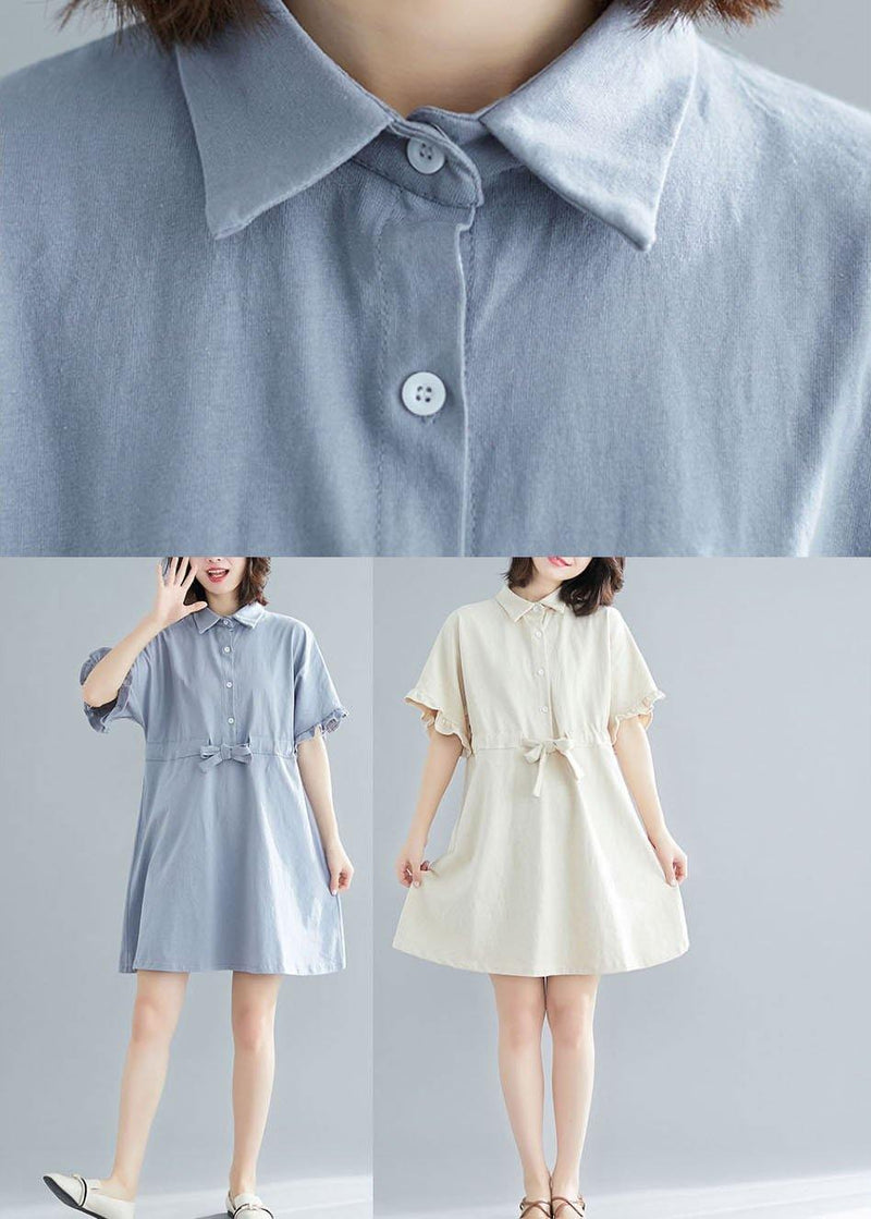Comfy Beige Tie Waist Cotton Button Summer Day Dress