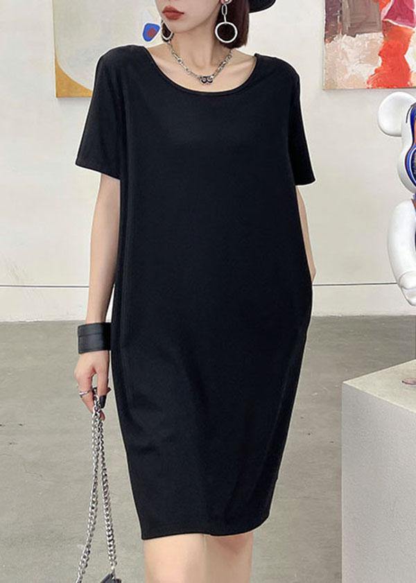 Comfy Black Backless U Neck Maxi Dresses Short Sleeve Cotton