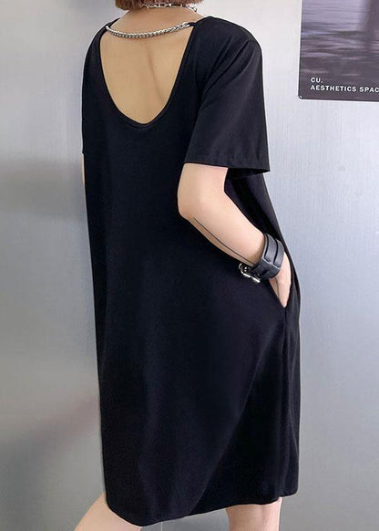 Comfy Black Backless U Neck Maxi Dresses Short Sleeve Cotton
