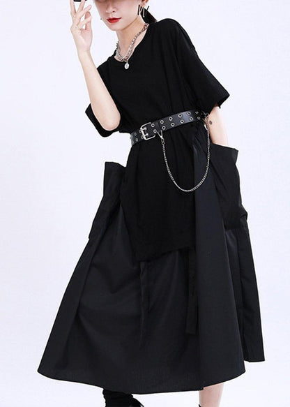 Comfy Black Patchwork Pockets Summer Cotton Dress