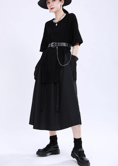 Comfy Black Patchwork Pockets Summer Cotton Dress