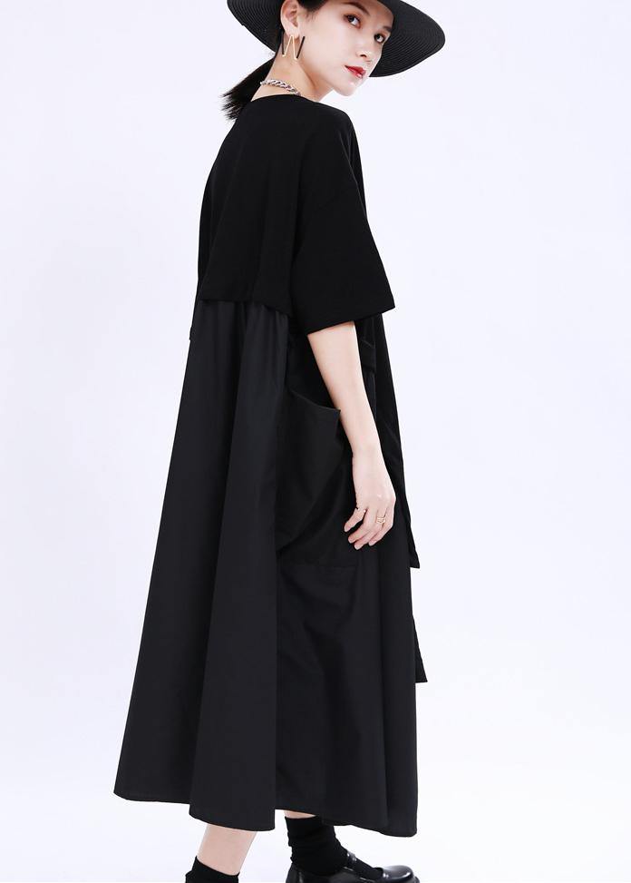 Comfy Black Patchwork Pockets Summer Cotton Dress