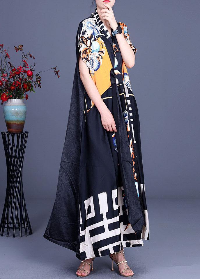 Comfy Black Print Patchwork Silk Robe Dresses Summer
