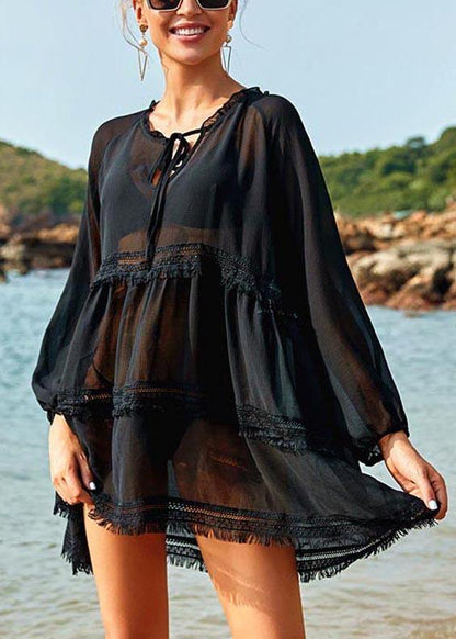 Comfy Black Ruffled Chiffon Long Sleeve Kimono Robe Vacation Dresses
