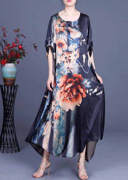 Comfy Blue Print Asymmetrical Design Half Sleeve Silk Summer Holiday Dress