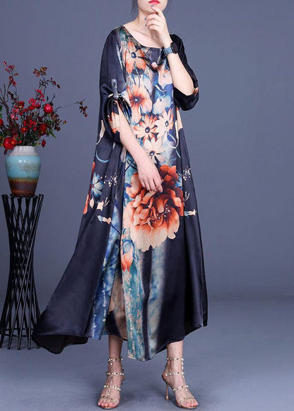 Comfy Blue Print Asymmetrical Design Half Sleeve Silk Summer Holiday Dress