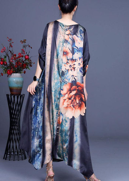 Comfy Blue Print Asymmetrical Design Half Sleeve Silk Summer Holiday Dress