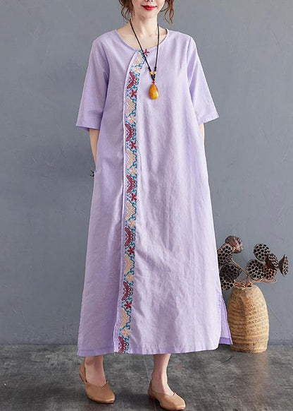 Comfy Comfy Light Purple Embroidery Cotton Linen Maxi Summer Dress