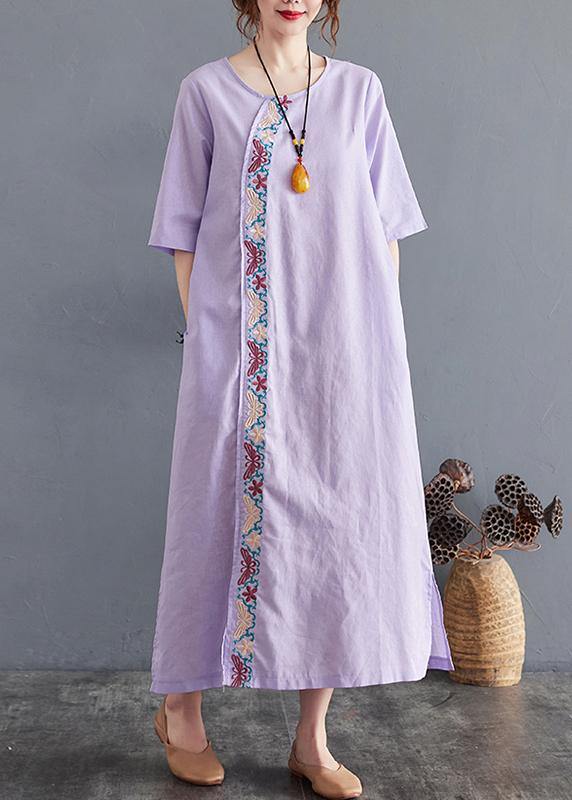 Comfy Comfy Light Purple Embroidery Cotton Linen Maxi Summer Dress
