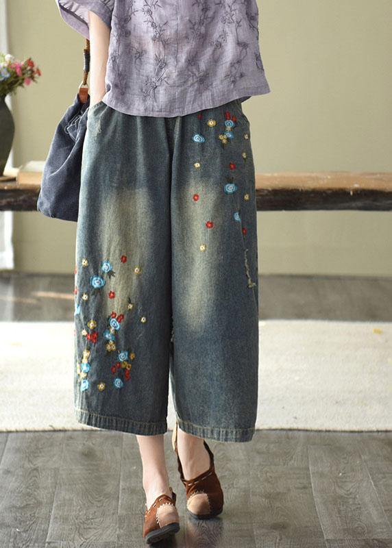 Comfy Grey Embroideried Wide Leg Denim Pants for
