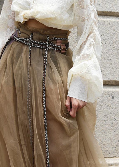 Comfy Khaki Tie Waist Patchwork Skirt Summer