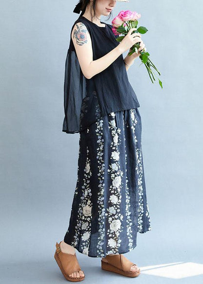 Comfy Navy Pockets Tie Waist Print Fall Skirts