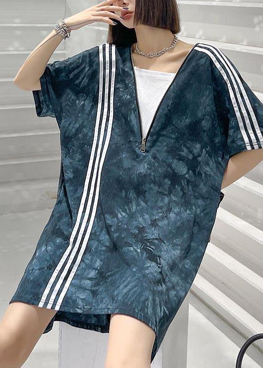 Comfy Tie Dye Blue Zippered V Neck Dresses Summer