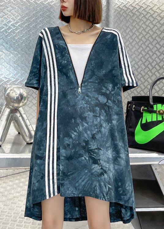 Comfy Tie Dye Blue Zippered V Neck Dresses Summer