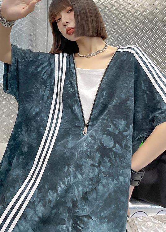 Comfy Tie Dye Blue Zippered V Neck Dresses Summer