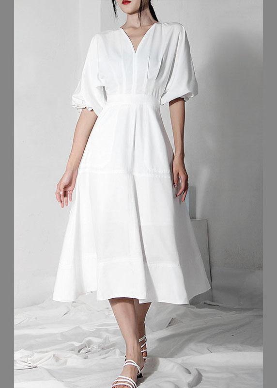 Comfy White V Neck Cotton Lantern Sleeve Summer Dress
