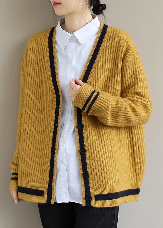 Comfy Yellow Knit Blouse V Neck Button Down Spring Knitwear