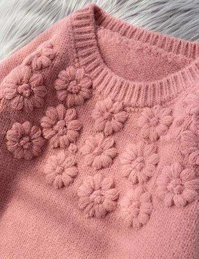 Comfy Beige Knitted Top O Neck Embroidery Oversize Knit Tops