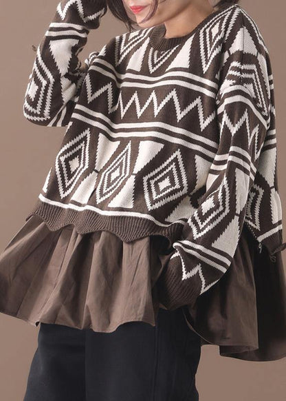 Comfy Brown Sweater Blouse Patchwork Geometry Knit Tops